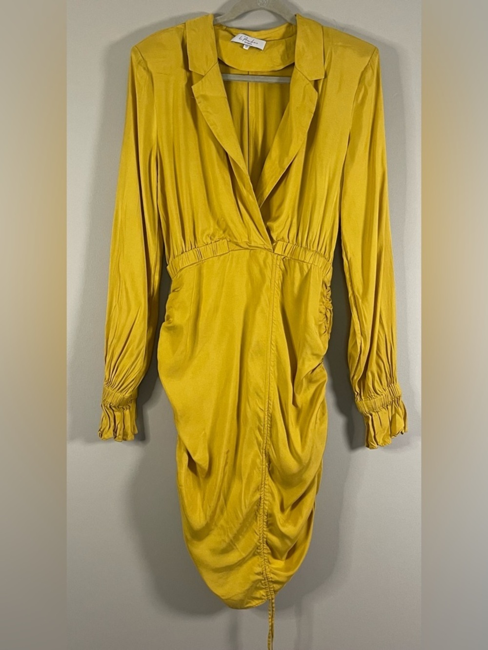 L'ACADEMIE Nichole Mini Dress Mustard Yellow Ruched Draped Long Sleeve